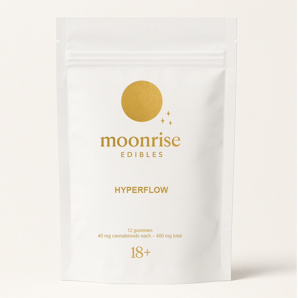 Moonrise Edibles Hyperflow 12-piece gummy pouch β 40 mg cannabinoids per gummy, made in the UK. Minimal gold logo packaging for legal edibles UK.