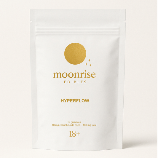 Moonrise Edibles Hyperflow 12-piece gummy pouch β 40 mg cannabinoids per gummy, made in the UK. Minimal gold logo packaging for legal edibles UK.