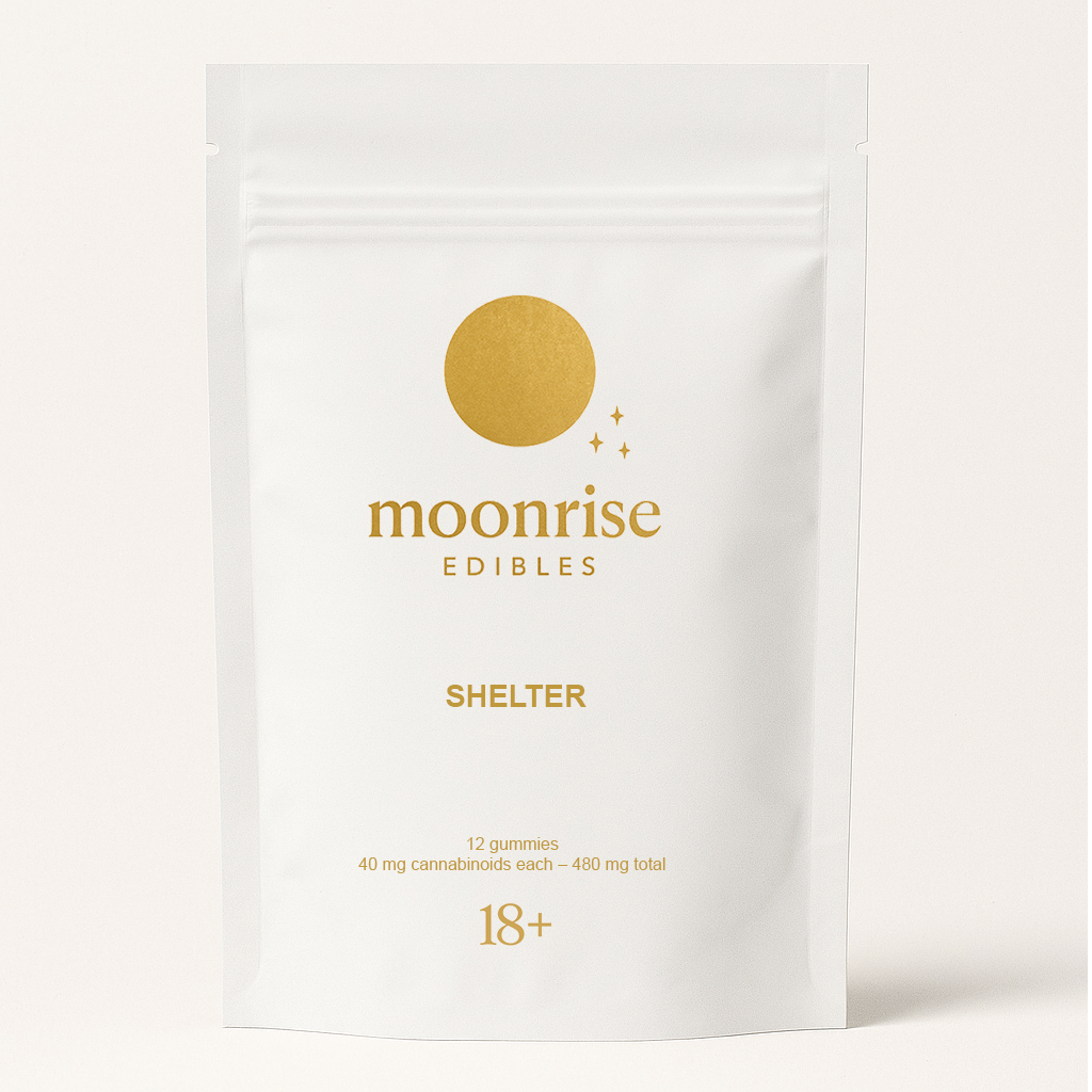 Moonrise Edibles Shelter 12-piece gummy pouch β calming blend with 40 mg cannabinoids per gummy. Grounded, social-ease edibles made in the UK.