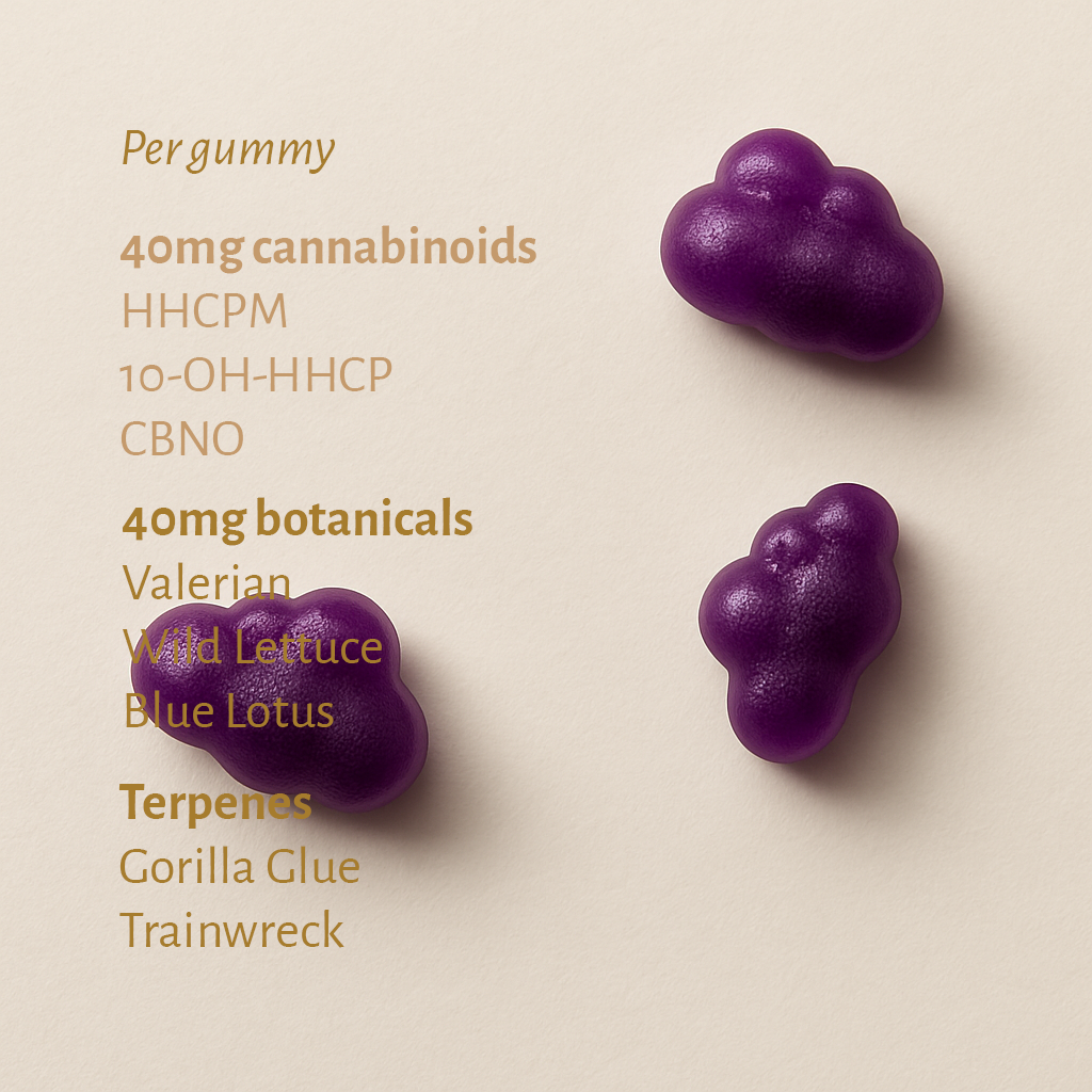 Close-up of Moonrise Descent edibles β vegan sleep gummies with HHCPM, CBNO, and botanical extracts like Valerian, Wild Lettuce, and Blue Lotus.