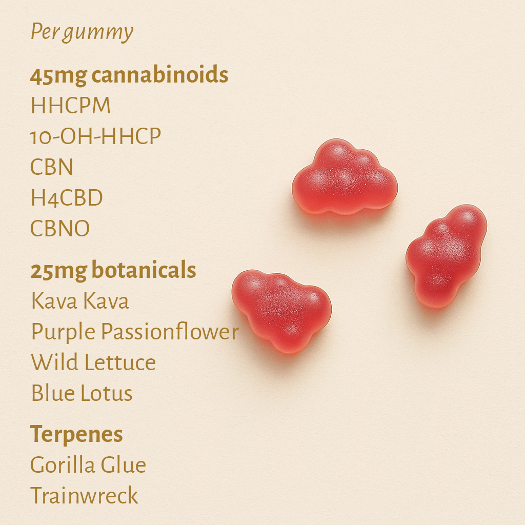 Close-up of Moonrise Shelter gummies β vegan edibles with 40 mg cannabinoids and 60 mg botanicals for balance, composure, and calm strength.